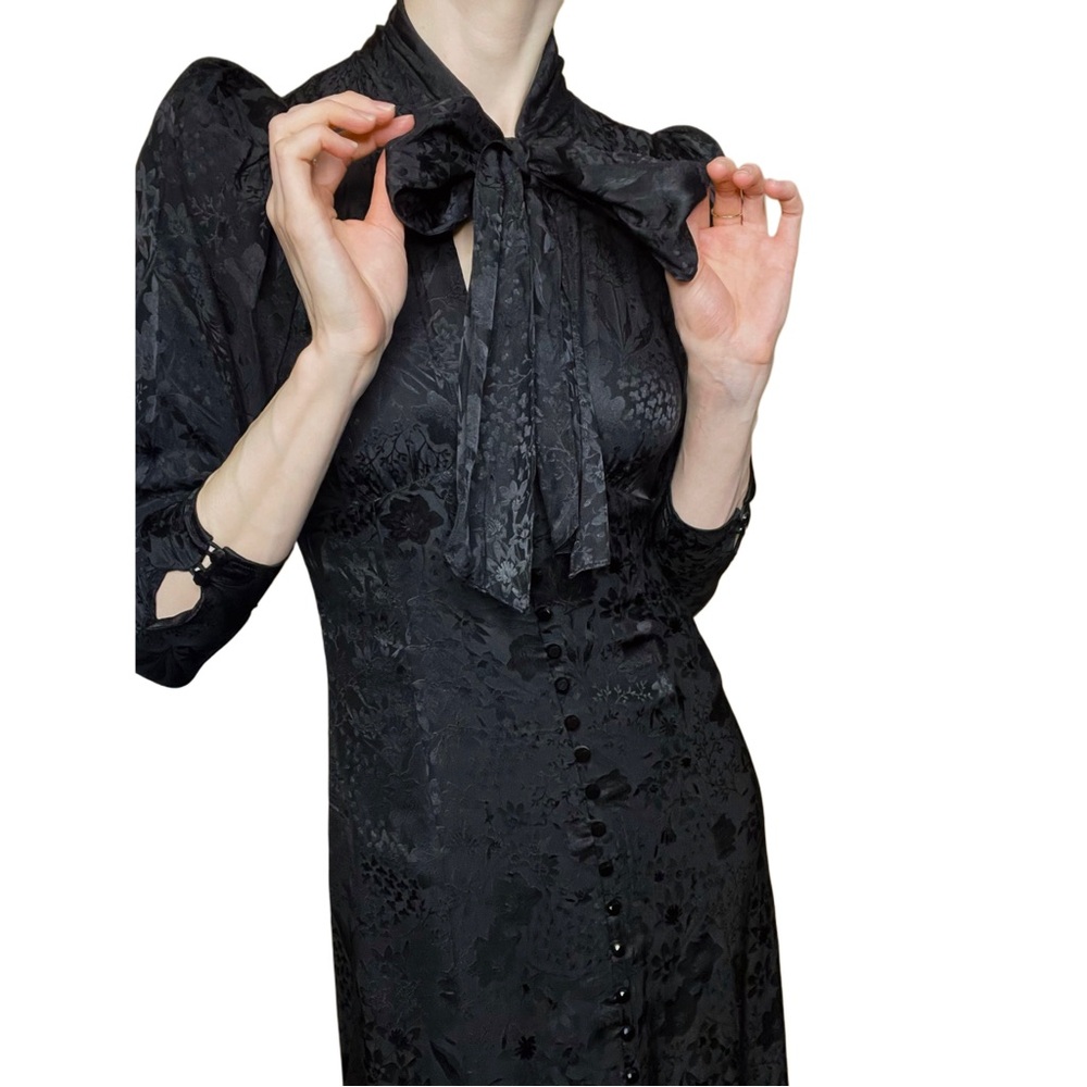 ARITZIA NEW Le Fou 100% Silk Black Floral Satin Long Sleeve Tie Neck Mambo Dress - Picture 5 of 15